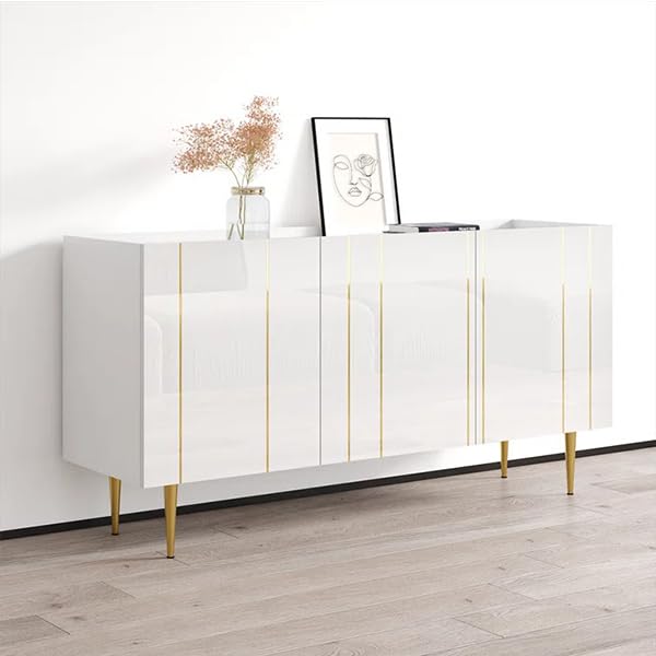 Heera Moti Nellore Contemporary Sideboard MDF with Golden Metal Legs, Living Room, Dining Area and Hallway, Soft-Close Shutters (White, Small)-image-33