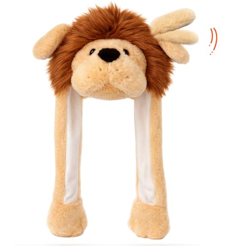 Deletoys Moving Ear Hat Soft Funny Animal Hats Jumping Beating Plush Caps Holiday Cosplay Dress Up Gift for Kids & Adult (Lion)