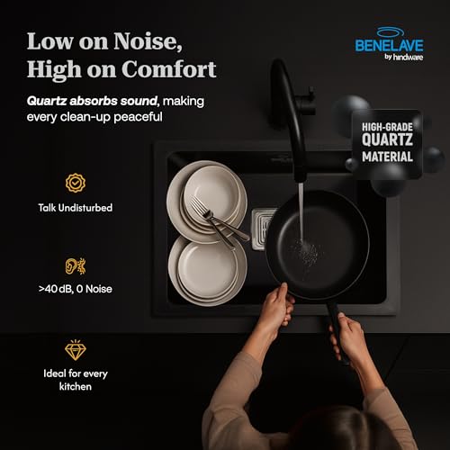 Image of Benelave by Hindware BLACP91008 Quartz Sink 18x16x8 for Kitchen | Single Bowl | Black Color | Better Sound Absorption for Quieter Use | 7-year Manufacturer Warranty