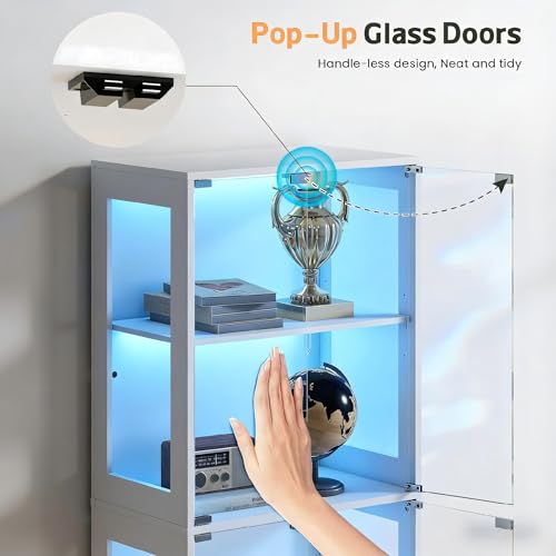 Image of Lamtor 67 inch Display Cabinet with Glass Doors and 1 Drawer | White | RGB LED Lights, Pop-Up Glass Doors, Adjustable Shelves, Anti-Tip Design