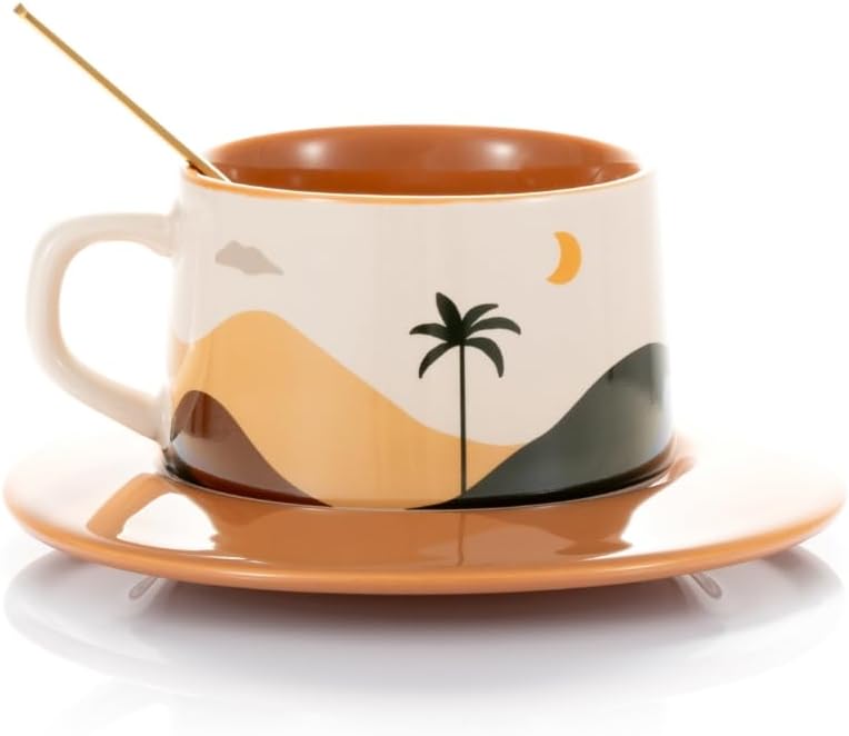 SHENDONG Latte Art Mugs Ceramic Coffee Sets of 2,Novely Tea Cups with Spoons,Creative Oasis series Mugs,250ml Coffee Cups for Cappuccino Latte Mocha,Gifts for Women and friends(Desert And Cactus)