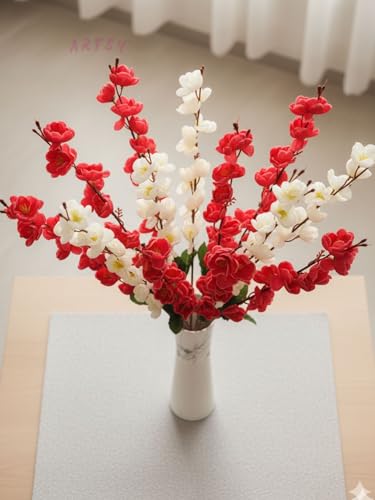 Image of ARTSY Artificial Flowers Bunch for Decoration Cherry Blossom, Ideal for vase, Home, Office Decor, Gifts, Craft, Artificial Plants for Decoration, Without vase, White Maroon, Combo, 2 Pieces