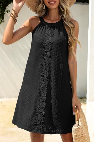 Image of MITILLY Womens Halter Summer Eyelet Mini Dress Casual Sleeveless Floral Lace Lined Sundresses for Beach Vacation Holiday