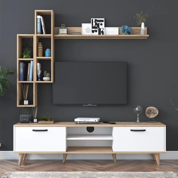 Spyder Craft Matte Finish M5 Engineered Wood TV Entertainment Unit Wall Mounted with Shelf for Living Room, Bedroom, Color: Oak & White || Assembly-DIY (Do-It-Yourself)