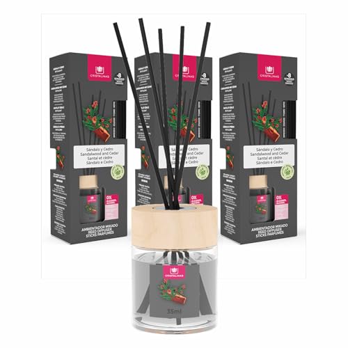 Cristalinas 35ml Sandalwood & Cedar Air Fresheners for Home - Reed Diffusers for home - Home Fragrance Lasts upto 8 weeks - Room Diffuser Sticks with Coloured Fragrance Oil - Pack of 3