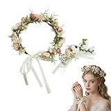 Rusokufo Blumenkrone Boho Rosa mit Armband – Blumenkranz Haarkranz aus Kunstblumen, Einstellbar mit Band, Hochzeits Haarschmuck für Braut, Mädchen & Fotoshooting