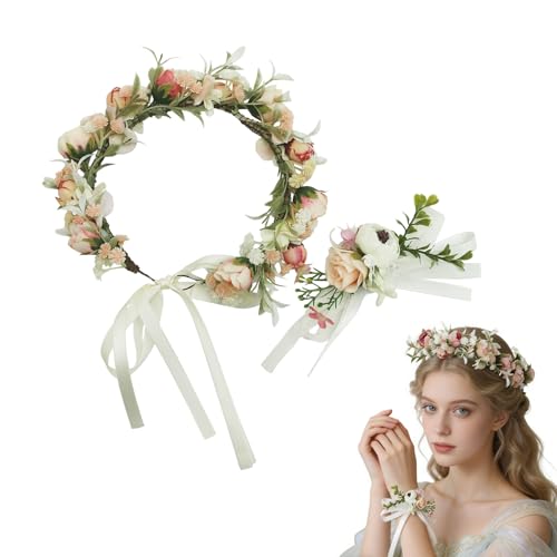 Rusokufo Blumenkrone Boho Rosa mit Armband Blumenkranz Haarkranz aus Kunstblumen Einstellbar mit Band Hochzeits Haarschmuck für Braut Mädchen & Fotoshooting