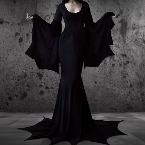 Halloween Morticia Addams Costumes Vintage Gothic Black Long Dress Outfit Women Wig Red Roses Flowers Necklace3