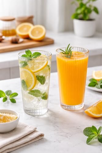 Image of PrimeWorld Ribbed Glass Tumbler Set of 6 - 350ml Striped Highball Glasses for Cocktails, Smoothies, Iced Coffee, Whiskey & Juice | Stylish and Durable Drinking Glasses for Home, Kitchen & Parties