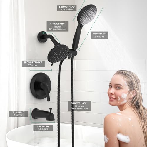 SR SUN RISE Shower System with Tub Spout, 35-Function Dual 2-in-1 Tub and Shower Faucet Combo Set, Single-Handle Tub and Shower Trim Kit, Patented 3-Way Diverter Matte Black(Valve Included) by SR SUN RISE - Image 3