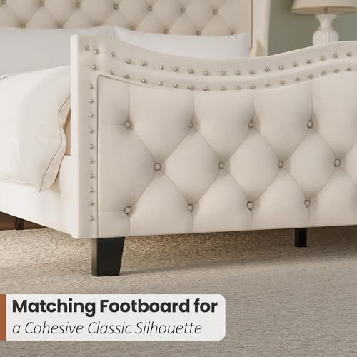 RIHHA Elegant Glam Queen Upholstered Bed Frame with Tall Tufted Wingback Headboard & Footboard – Cream Beige Velvet Platform Bed, Sturdy & Noise-Free, No Box Spring Required, Easy Assembly