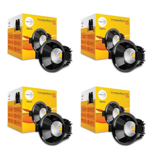 Image of wipro 7 Watt Alpha Trimless Black COB | Warm White (2700K) | Aluminium PDC Heat Sink | Sharp Beam Angle with Reflector for Home, Office and Store Cabinet Display | Pack of 4