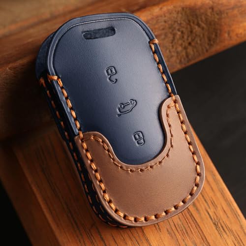 Image of Keyzone Dual Leather Key Cover for Thar, Scorpio, Bolero, XUV700, XUV400, XUV300, TUV300, Marazzo 3 Button flip Key (Push Button Start Models only) (Blue-Brown)