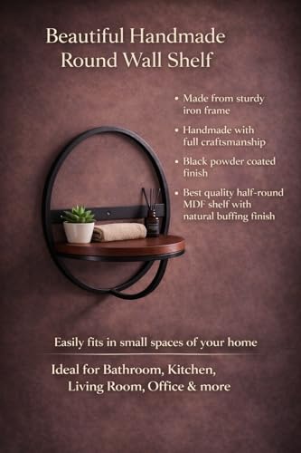 Image of Modern Round Floating Wall Shelf - 13 Inch Black Iron & Wood Decorative Wall Mount Display Rack for Home Decor