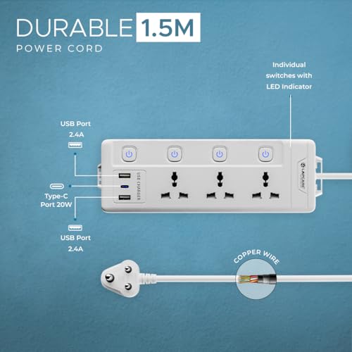 Image of Lapcare Smart Surge Protector with Individual Switch, 250 Volts Extension Board, 3AC Socket 2500W, PD 20w & 2xUSB, 1.5M Copper Cord, Overload Protection, Safety Shutter, Durable PP Body