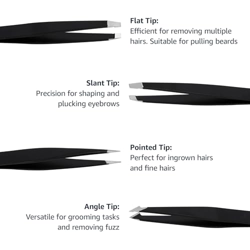 Image of Amazon Basics Tweezers for Facial Hair, Eyebrows, Eyelashes - Set of 4, Professional Stainless Steel with Travel Case, Black