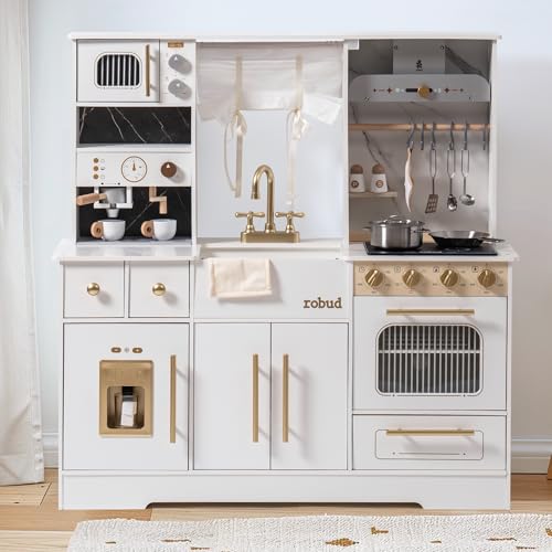 ROBUD Ensemble de Cuisine en Bois pour Enfants - Grande Cuisine de Jeu Moderne en Blanc avec réfrigérateur, Machine à café, Machine à Glace, etc. - pour...