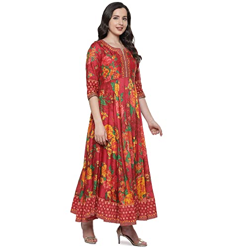 Image of BIBA Women's Fit and Flare Cotton Flared Fusion Printed Below The Knee Dress
