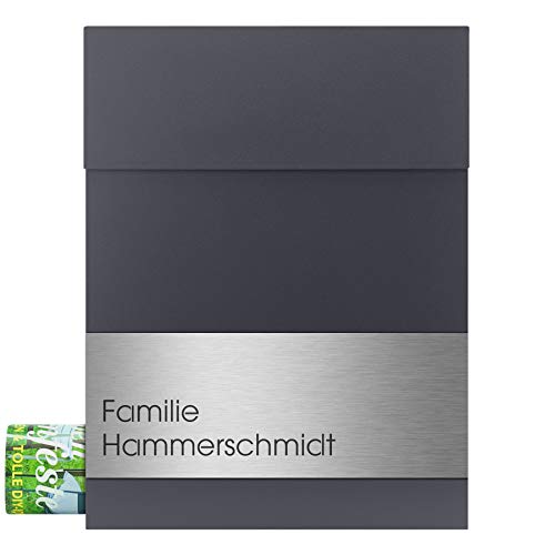 Preisvergleich Produktbild MOCAVI Box 500 Design-Briefkasten mit Namensschild (gravierter Edelstahl) und Zeitungsfach, anthrazit-grau (ral 7016)
