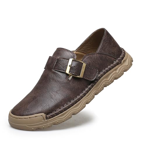 Men's Classic Moccasins Leather Slip-on Loafers Buckle Detail Comfort Sole Handmade Casual Flat Driving Shoes