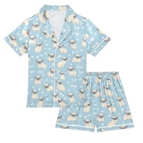 Cute Pugs Blue Pattern Summer Satin Pajama Set, Cute Button-Down Sleepwear Pj Set for Sleep Wears