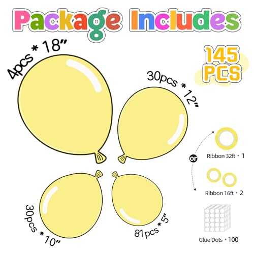 Image of 145pcs Pastel Yellow Balloons Different Sizes 18 12 10 5 Inch Yellow Balloon Arch Kit Garland for Birthday Party Graduation Baby Shower Gender Reveal Easter Anniversary Party Decoration