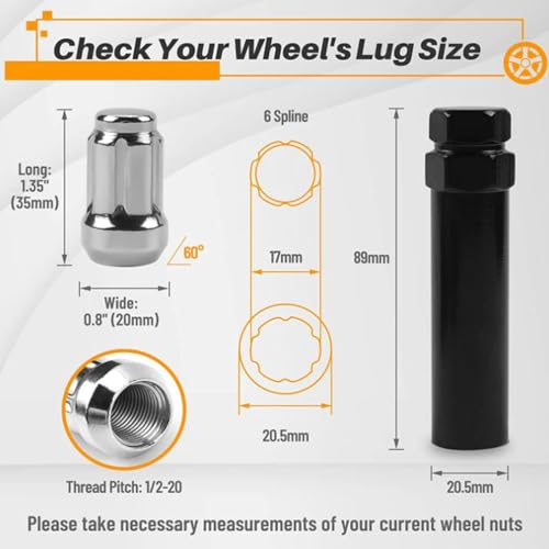 Image of 24PCS 1 /2-20 Spline Lug Nuts with 1 Key - 17mm Hex, 1.35 inch Tall, 0.8 inch Wide - Chrome Solid Lug Nuts Compatible with 1987-2018 Jeep Wrangler, 2002-2012 Jeep Liberty Aftermarket