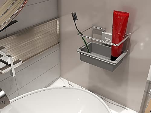Image of Hepo Stainless Steel Bathroom Tooth Brush Holder Stand Storage Organizer, 1 Tooth Brush Holder | 1 Plastic Tray | 1 Cover Cap |3 Wall Fixing Screws (Grey, 150x100x70 mm) Set of 1