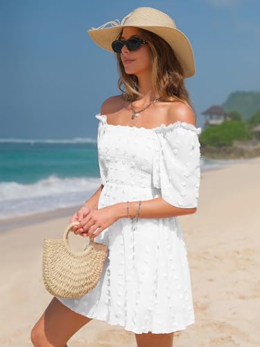 EXLURA Women's 2025 Summer Casual Square Neck Dresses Ruffle Short Sleeve Swiss Dot Flowy Mini Dress4