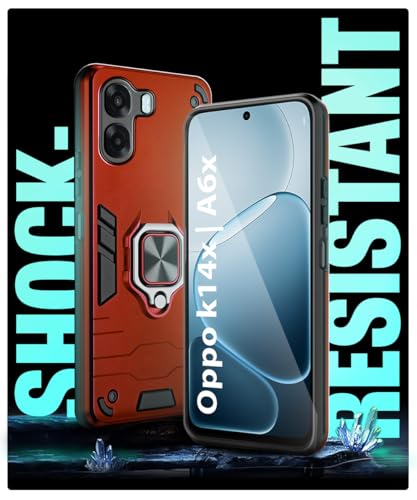Image of WOW IMAGINE Shock Proof Back Case Mobile Cover for Oppo K14x 5G | Oppo A6x | A6s 5G | Back Cover Case (Tough Armor | Hybrid PC + TPU | Ring Holder & in-Built Kickstand | Red)