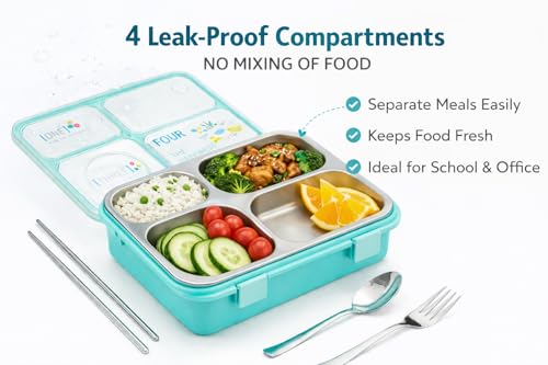 Image of TEC TAVAKKAL 4 Compartment Leak-Proof Lunch Box with Extra Steel Bowl & Lid, 900ML Bento Lunch Box | BPA Free | Includes Spoon, Fork & Chopsticks, Dishwasher Safe, Food Grade Durable Material (Blue)