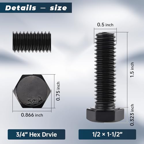 Image of Glvaner 1 /2-13 x 1-1 /2 inch Stainless Steel Hex Head Screws Bolts, Black Coated, 304 Stainless Steel 18-8, Hexagon Head Bolts, Full Thread, 6 pcs