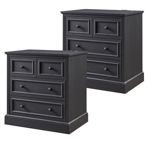 Image of ACCOHOHO 26 inch W Nightstands Set of 2, Farmhouse End Table with 4 Drawers for Storage, Nightstand with Charging Station for Bedroom, Black