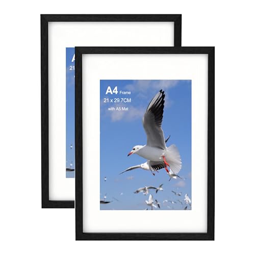 Szyeequoo A4 Frame 2Sets A4 Picture Frame with Mount for Tabletop Photo Frame for Wall & Desk Photo Frame Matted to A5 Horizontal & Vertical Picture Frames 21X29.7CM Photo Frames Black Frame