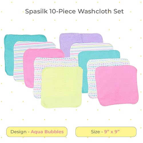 Image of Spasilk Washcloth Wipes Set for Newborn Boys and Girls, Soft Terry Washcloth Set, Pack of 10, Aqua Bubbles