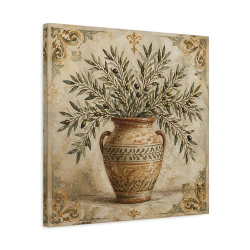 Toile nature olive branches marron et vert 50x50 cm pour déco de cuisine