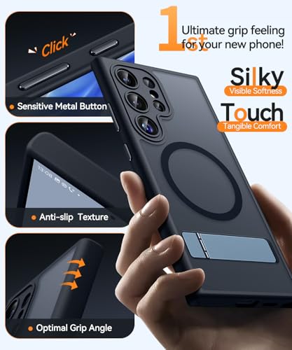 Image of CANSHN Strong Magnetic & Seamless Stand Designed for Samsung Galaxy S22 Ultra Case [Full Camera Protection] [Adjustable Kickstand] [Compatible with MagSafe] Translucent Matte Phone Cover - Black