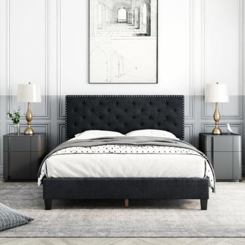 Image of Julius Upholstered Bed Queen Size Without Storage Solid Sheesham Wood | Modern Premium Fabric Upholstery Cushion Headboard | Queen Bed for Bedroom Wooden Double Bed Cot 78x60 Inch Queen