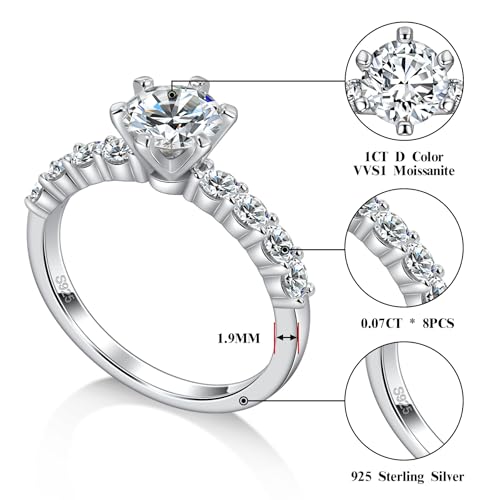 Moissanite Engagement Ring, 1CT D Color VVS1 Clarity, 925 Sterling Silver Promise Anniversary Bridal Ring for Women Size 4-112