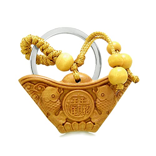Magic Human Double Lucky Fortune Fish Keychain - Unique Good Luck Gift - Sandal Wood Key Fob Ring - Adorable Money Bucket Wulu Symbol - Cool Party Favors - Ancient Energy Amulet