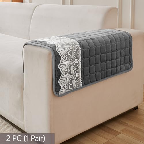 Image of HOKIPO 'BelleLace Series' Imperial Milk Velvet Anti-Slip Sofa Armrest Covers with Lace | 1 Pair - Porpoise Grey (AR-5961-DGRY*2)