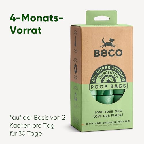 Beco Starke und große Kotbeutel – 270 Beutel (18 Rollen mit je 15 Stück) – geruchlos – Spenderkompatible Hundekotbeutel