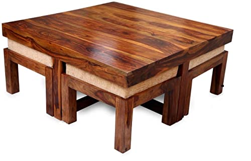 Image of Woodkoof Solid Sheesham Wood Coffee Table with 4 Stool for Living Room, Garden, Patio, Guest Room, Cafe || Wooden Coffee Table || Sheesham Wood Coffee Table ||