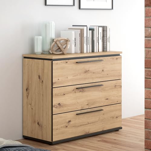 FORTE IZO Kommode 100, Kommode mit 3 Schubladen, Modernes Sideboard, Wohnzimmer, Holzwerkstoff, Artisan Eiche Holzdekor/Schwarz, 100,1 cm breit x 81,7 cm hoch x 41,3 cm tief
