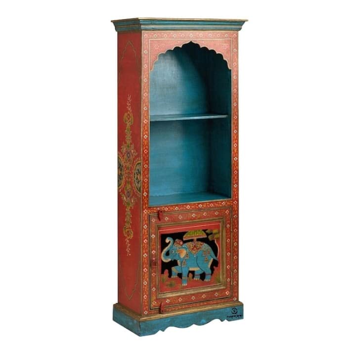 Image of Wood Elephant Flower Painted Bookshelf Corner Home Decor Book Stand Self Wood Book Storage Stand Fine Work Painted Furniture