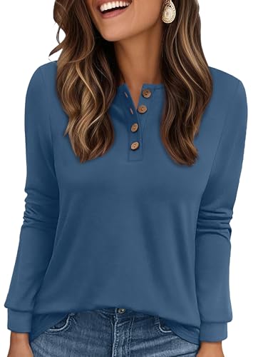 Image of XIEERDUO Womens Sweatshirts Ladies Jumpers for Women UK Long Sleeve Tops Ladies Button Up Henley Shirts Size 18-20 Blue XL