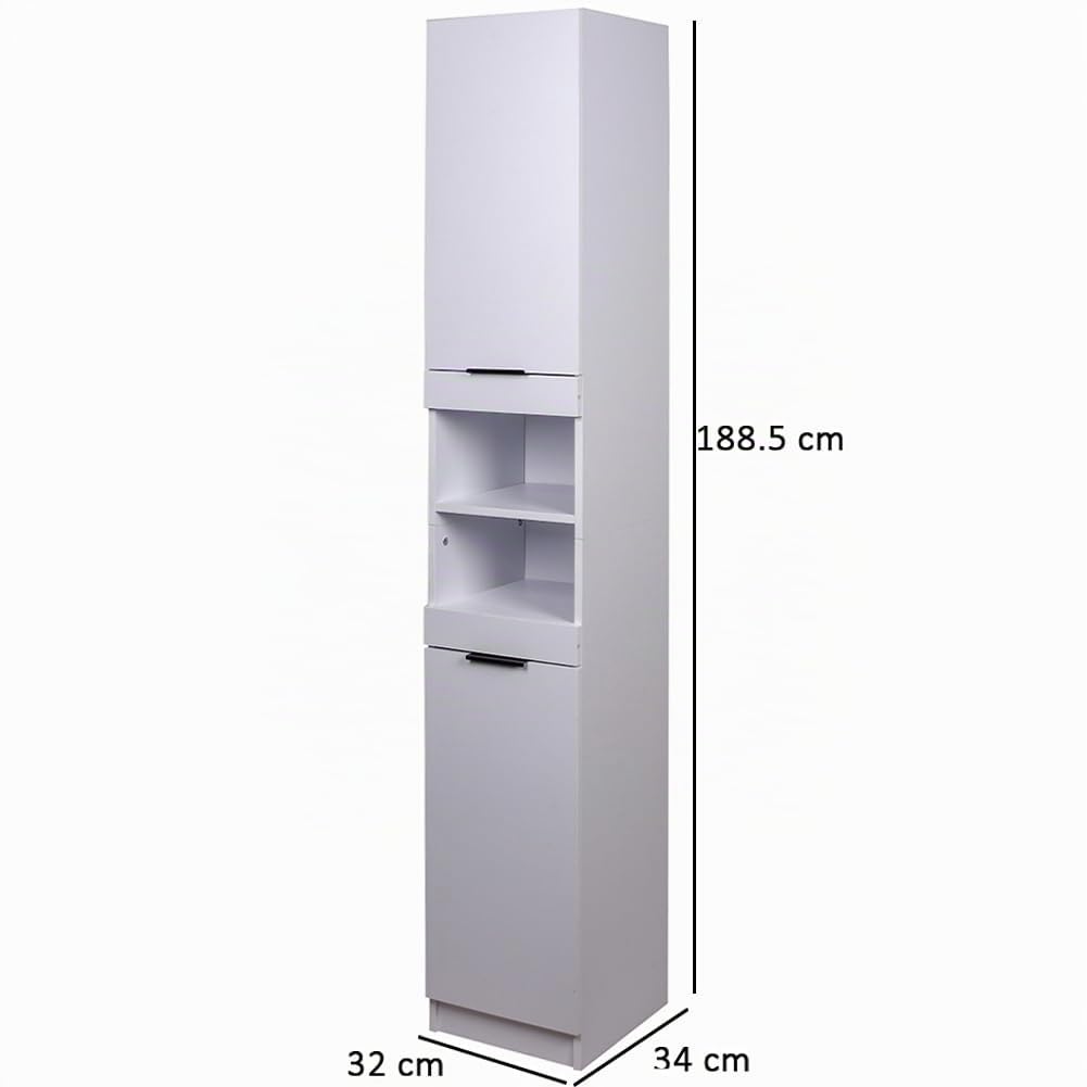 Shally Dogan Armario de Columna Alto para Ahorrar Espacio, 2 Puertas y 2 estantes, Mueble Estrecho Independiente, Mueble de Almacenamiento Multiusos, salón, baño, Cocina, estantería, Oficina (Blanco)