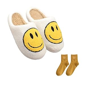 DepiYorSn Happy Face Slippers Retro Cozy Comfy Plush Warm Slip-on Slippers Winter Soft Fuzzy Indoor House Shoes with…