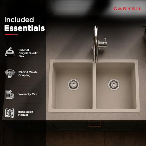 Image of Carysil DOLCE UK Quartz Kitchen Sink 34 x 20 x 8 inches, Single Bowl, 80% Quartz & 20% Resin, Heat Resistant 300C, 50kg Load, Scratch & Stain Resistant, Granite Sink, 304 SS Coupling - Cream