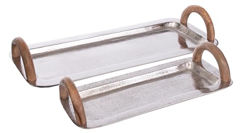 Brandsseller Bandeja para servir con asas de madera, juego de 2 unidades, rectangular, de aluminio y madera, plato decorativo, color plateado, 40 x 20 cm y 55 x 23 cm
